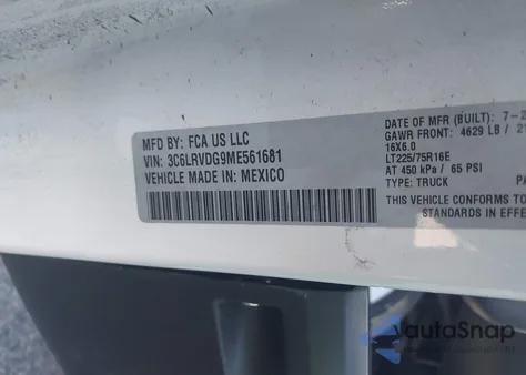 2021 Ram Promaster 2500 High Roof 159 Wb из США, поврежденный, VIN 3C6LRVDG9ME561681